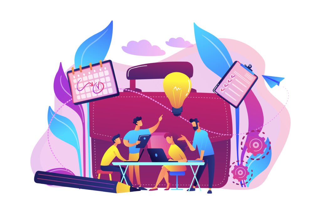 Four members on laptops ensure good client communication, fostering strong internal-external relations throughout projects