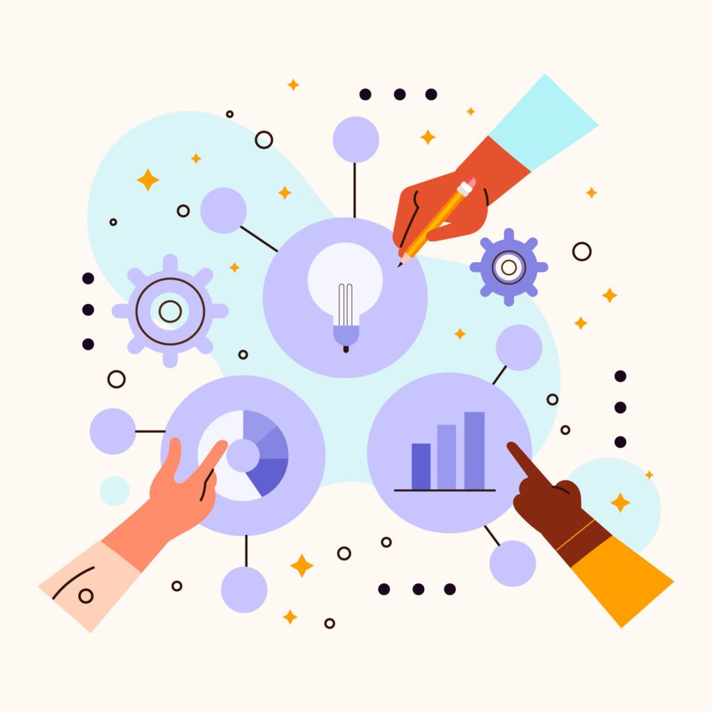 Teamwork icons with charts and gears, showing challenges from limited visibility and communication